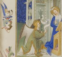 Der Engel des Herrn überbringt Maria seine klangvolle Botschaft. Brüder von Limburg, Die Verkündigung, Stundenbuch des Herzogs von Berry, 1410/1416, Chantilly, Mus. Condé.