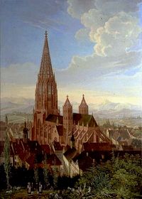 Freiburger Münster, Blick vom Schlossberg, Carl Georg Enslen, Gemälde nach einem Stahlstich von Gay, 1839
