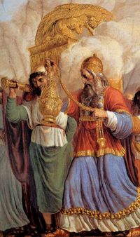 David mit der Bundeslade auf der Wallfahrt nach Jerusalem. An seinem Rocksaum hängen Glöckchen